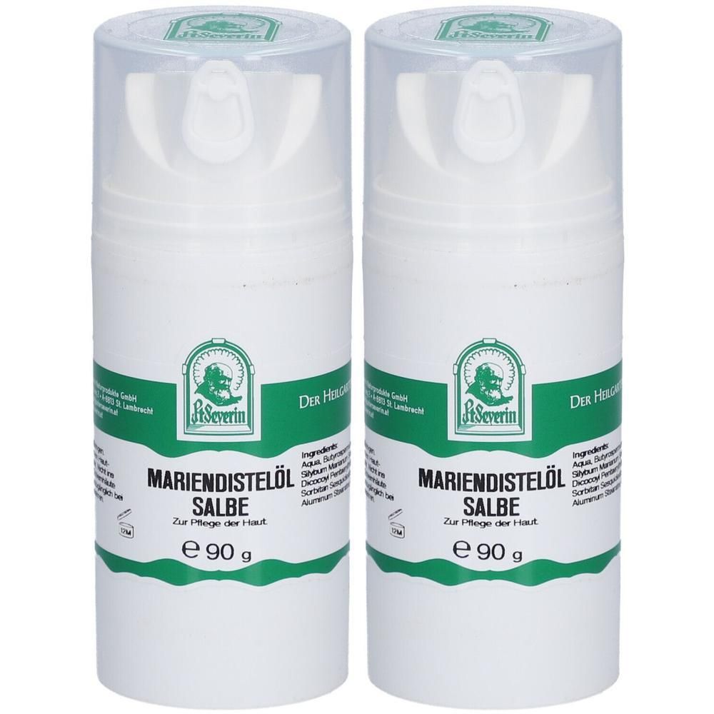 Zwei weiße Pumpspender mit Mariendistelöl Salbe, je 90g.