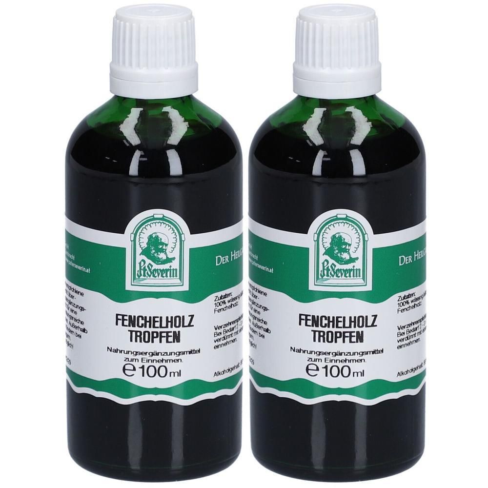 Zwei Flaschen mit grüner Flüssigkeit. Auf den Etiketten steht "St. Severin Fenchelholz Tropfen". Weiße Kappen, grüne Glasflaschen.