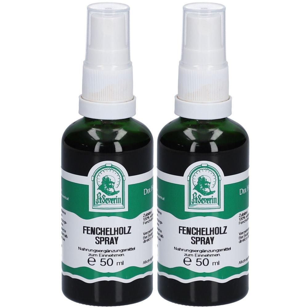 Zwei grüne Glasflaschen mit Sprühkopf. Auf den Etiketten steht "St. Severin Fenchelholz Spray".