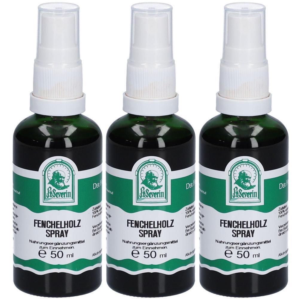 Drei grüne Glasflaschen mit weißem Sprühkopf. Auf den Etiketten steht "St. Severin Fenchelholz Spray". Jede Flasche hat 50 ml.
