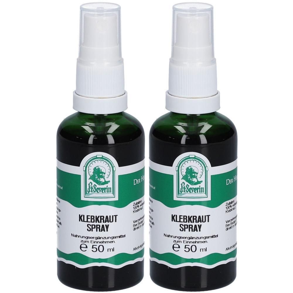Zwei grüne Sprühflaschen mit weißem Aufsatz. Auf den Etiketten steht "KLEBKRAUT SPRAY" und "St. Severin". Jede Flasche enthält 50 ml.