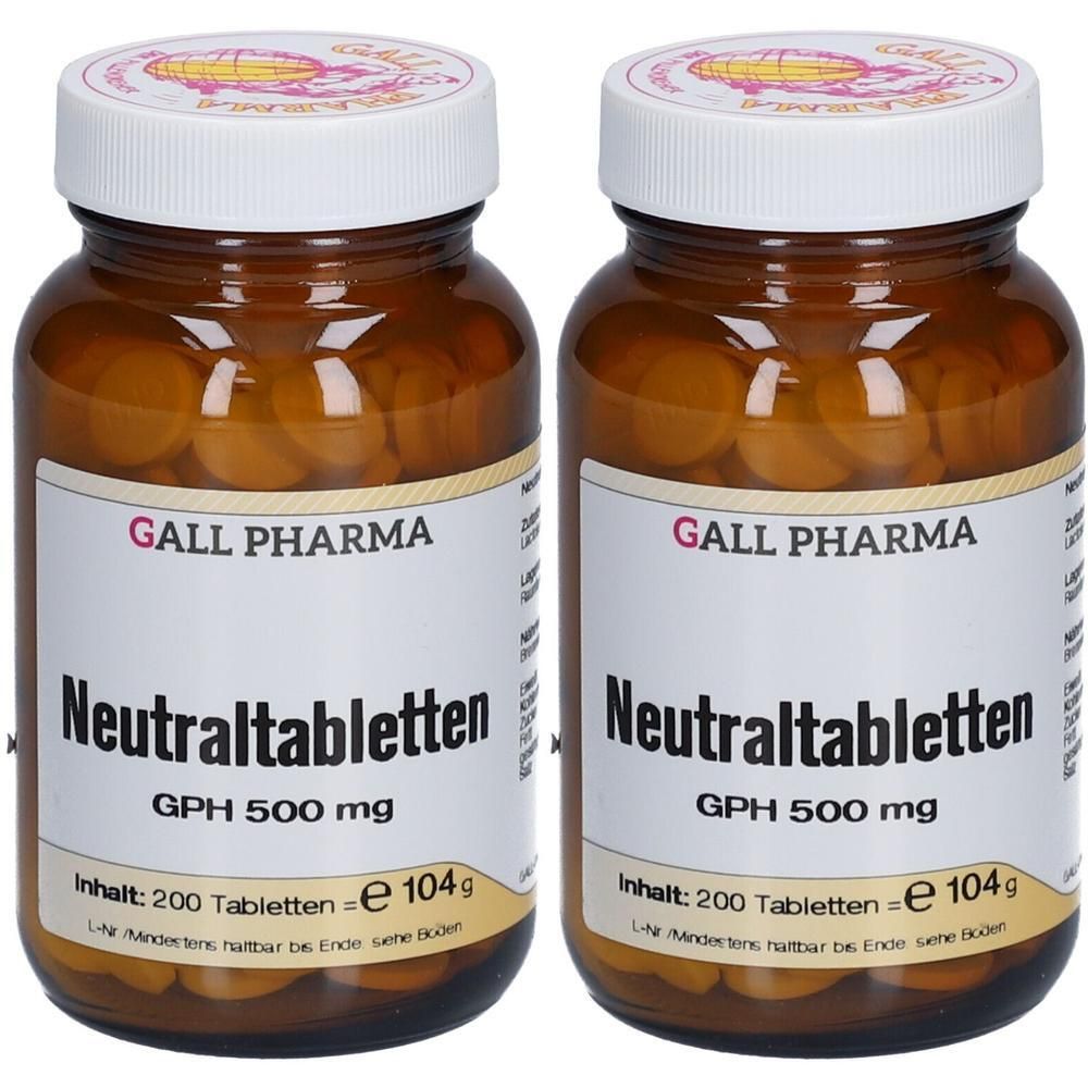 Zwei braune Glasflaschen mit weißen Deckeln. Auf den Etiketten steht "Neutraltabletten GPH 500 mg". Inhalt: 200 Tabletten.