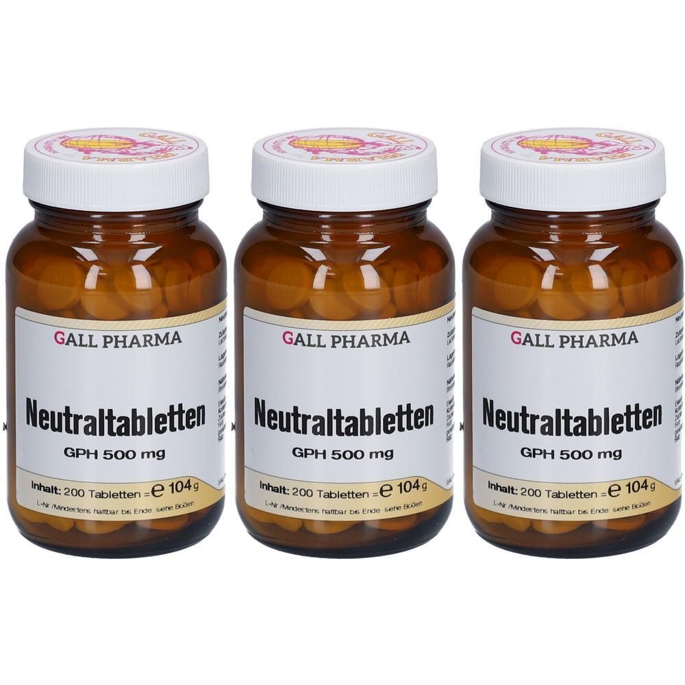 Drei braune Glasflaschen mit weißen Deckeln. Auf den Etiketten steht "Neutraltabletten GPH 500 mg" und "GALL PHARMA".