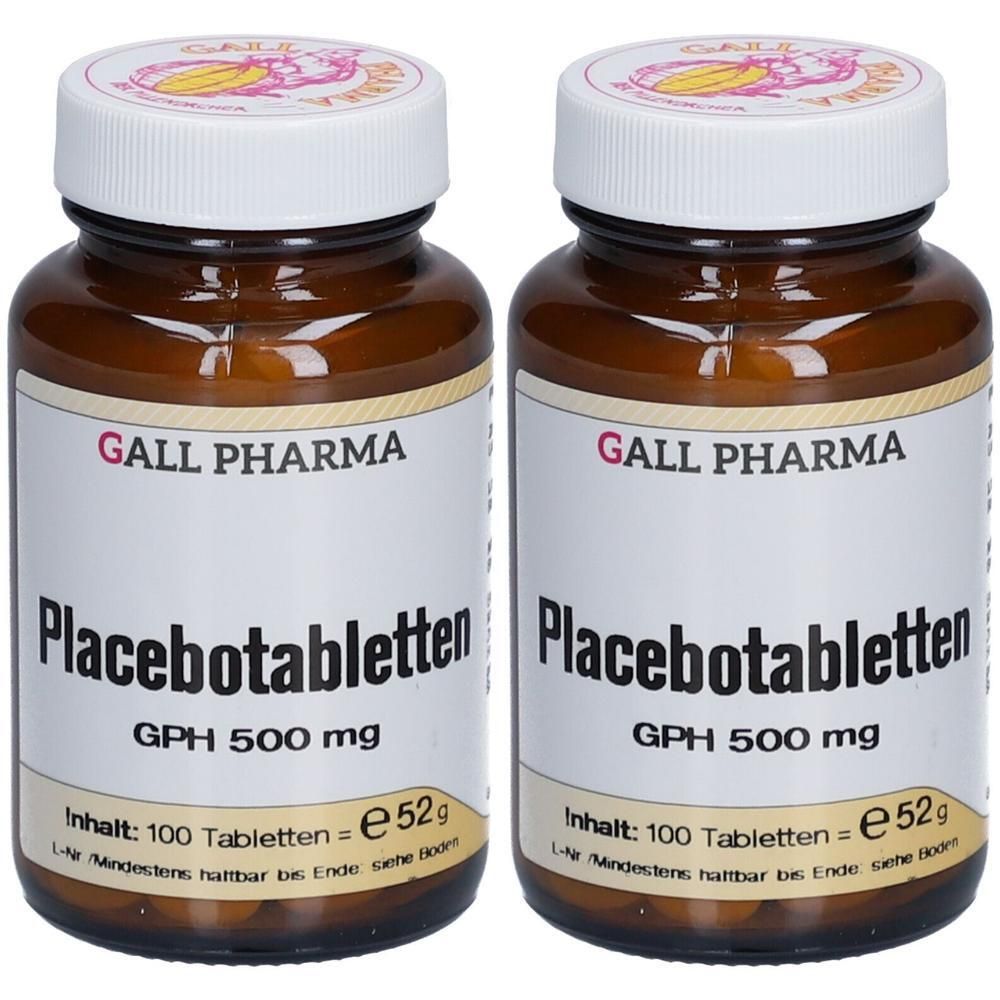 Zwei braune Glasflaschen mit weißen Etiketten. Aufschrift: Placebotabletten GPH 500 mg. Marke: GALL PHARMA. Inhalt: 100 Tabletten.