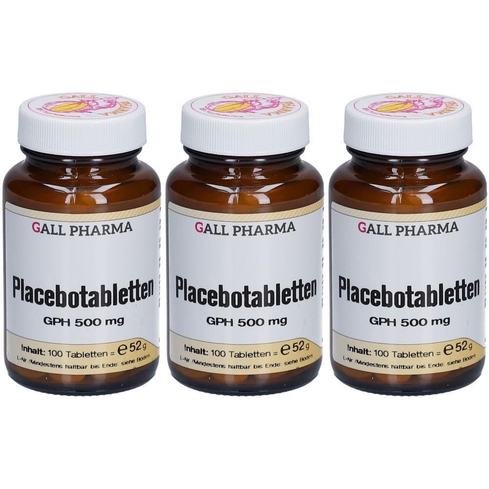 Drei braune Glasflaschen mit weißen Deckeln. Auf den Etiketten steht "Placebotabletten GPH 500 mg" und "GALL PHARMA".