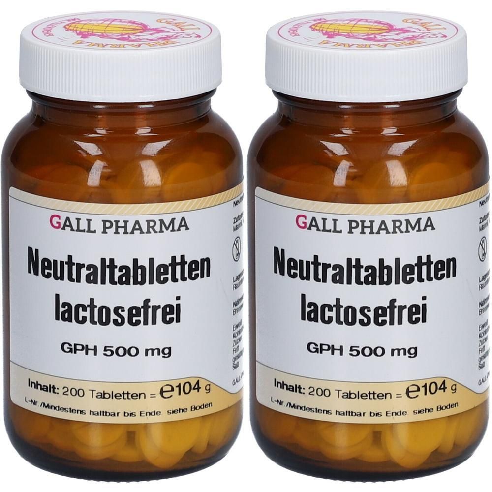 Zwei braune Tablettenflaschen mit weißem Deckel. Aufschrift: Neutraltabletten lactosefrei, GPH 500 mg. Inhalt: 200 Tabletten.