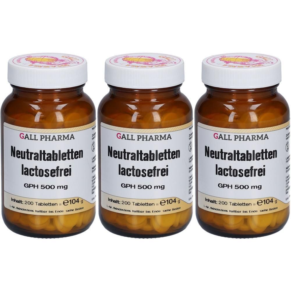 Drei braune Glasflaschen mit weißen Deckeln. Auf den Etiketten steht "Neutraltabletten lactosefrei GPH 500 mg".