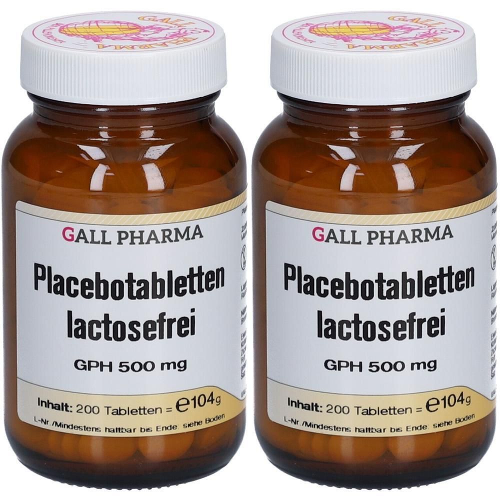 Zwei braune Glasflaschen mit weißen Etiketten. Aufschrift: Placebotabletten lactosefrei, GPH 500 mg. Deckel weiß. Inhalt: 200 Tabletten.