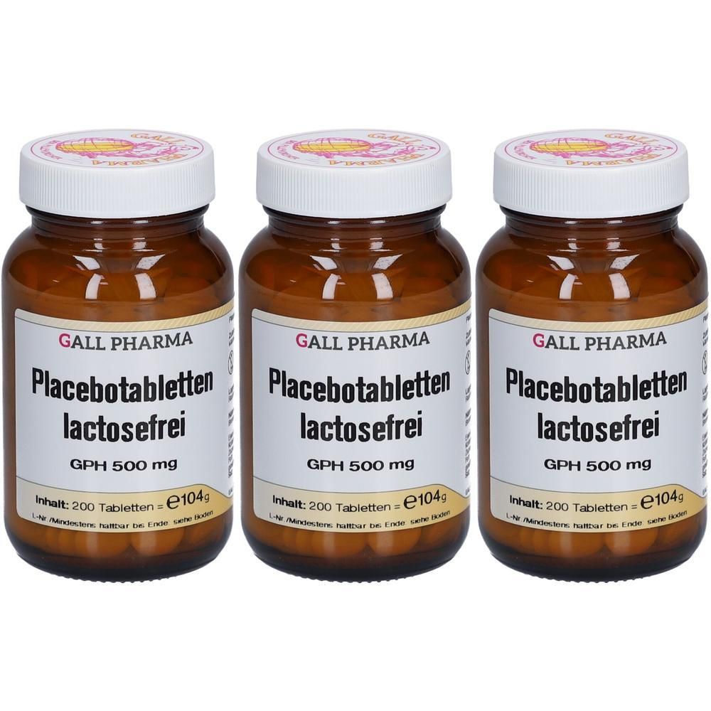 Drei braune Glasflaschen mit weißen Deckeln. Auf den Etiketten steht "Placebotabletten lactosefrei GPH 500 mg".