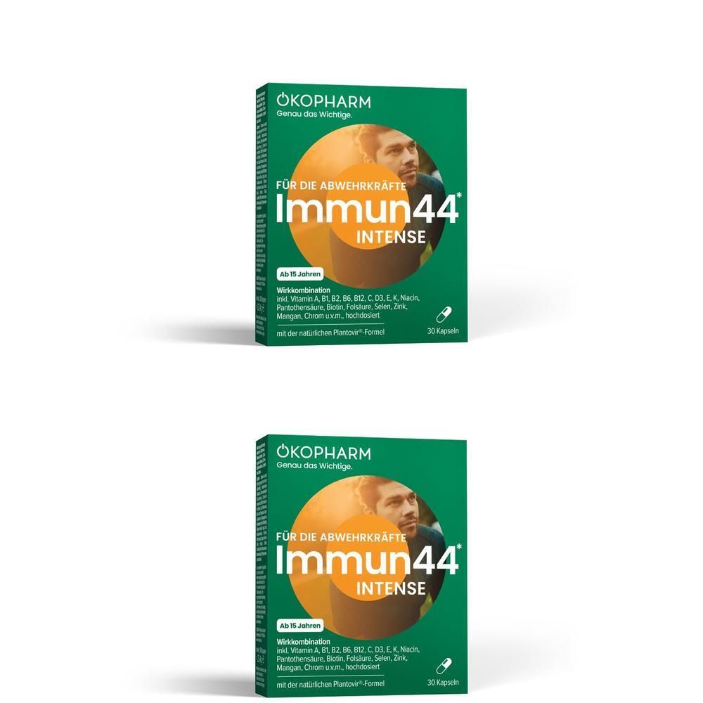 Zwei grüne Schachteln ÖKOPHARM® Immun44® Intense. Aufdruck: Immun-Boost, ab 15 Jahren, 30 Kapseln.