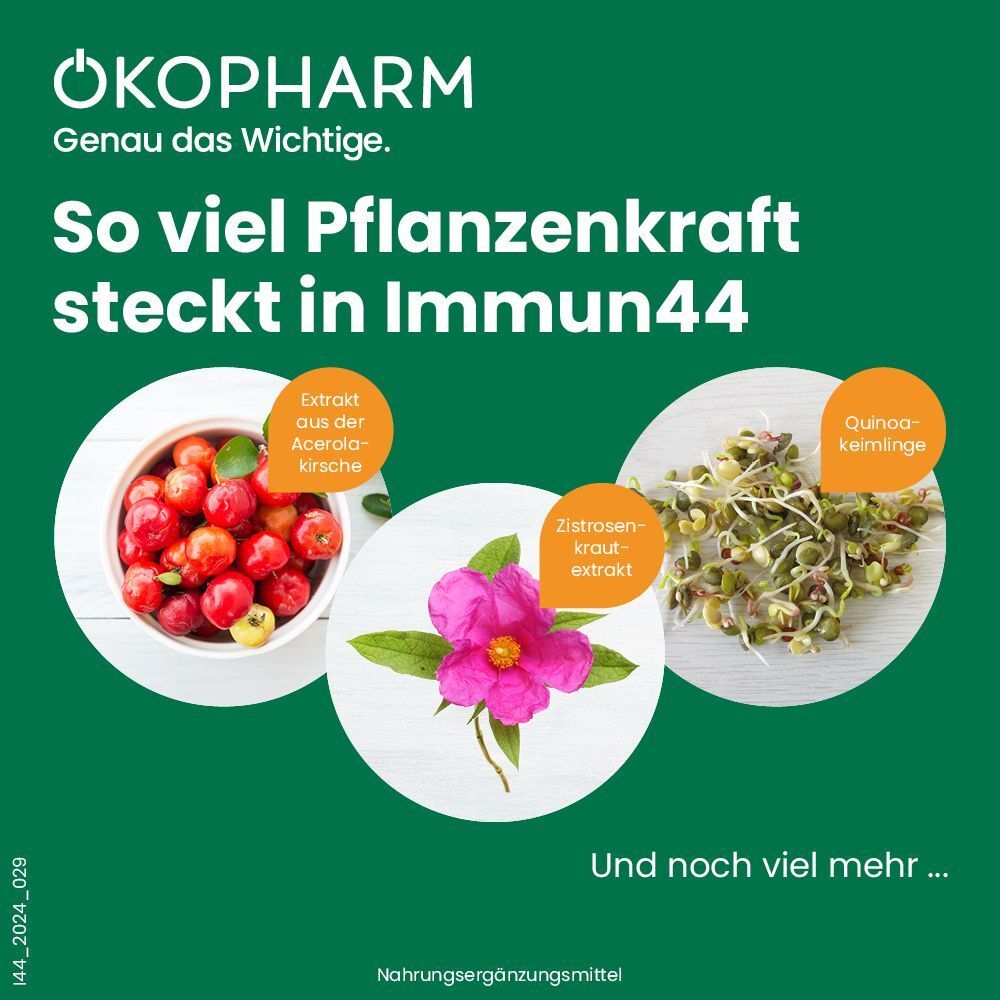 Grüner Hintergrund. Text: So viel Pflanzenkraft steckt in Immun44. Abgebildet: Acerola-Kirsche, Zistrosen-Extrakt, Quinoa-Keimlinge.