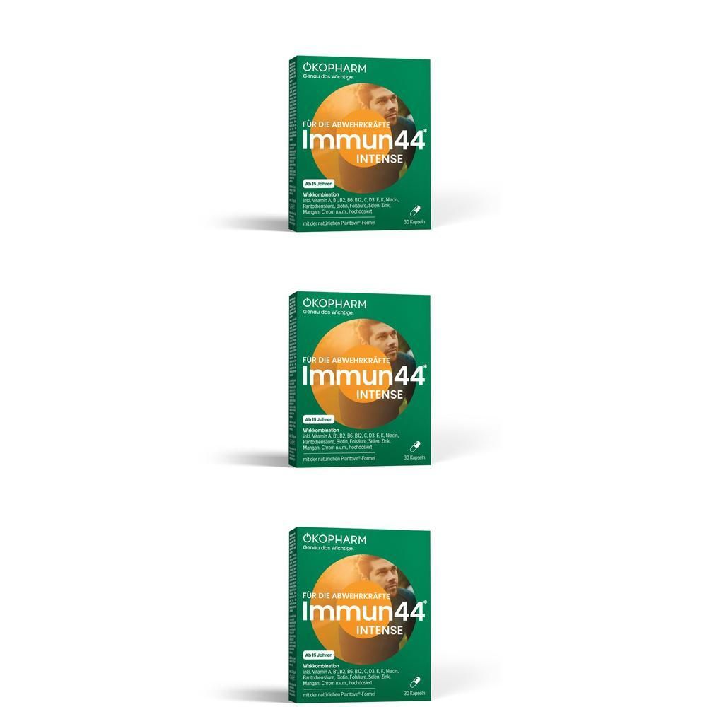 Drei grüne Schachteln ÖKOPHARM® Immun44® Intense. Aufdruck: Immun-Boost, Mann, gelber Kreis.