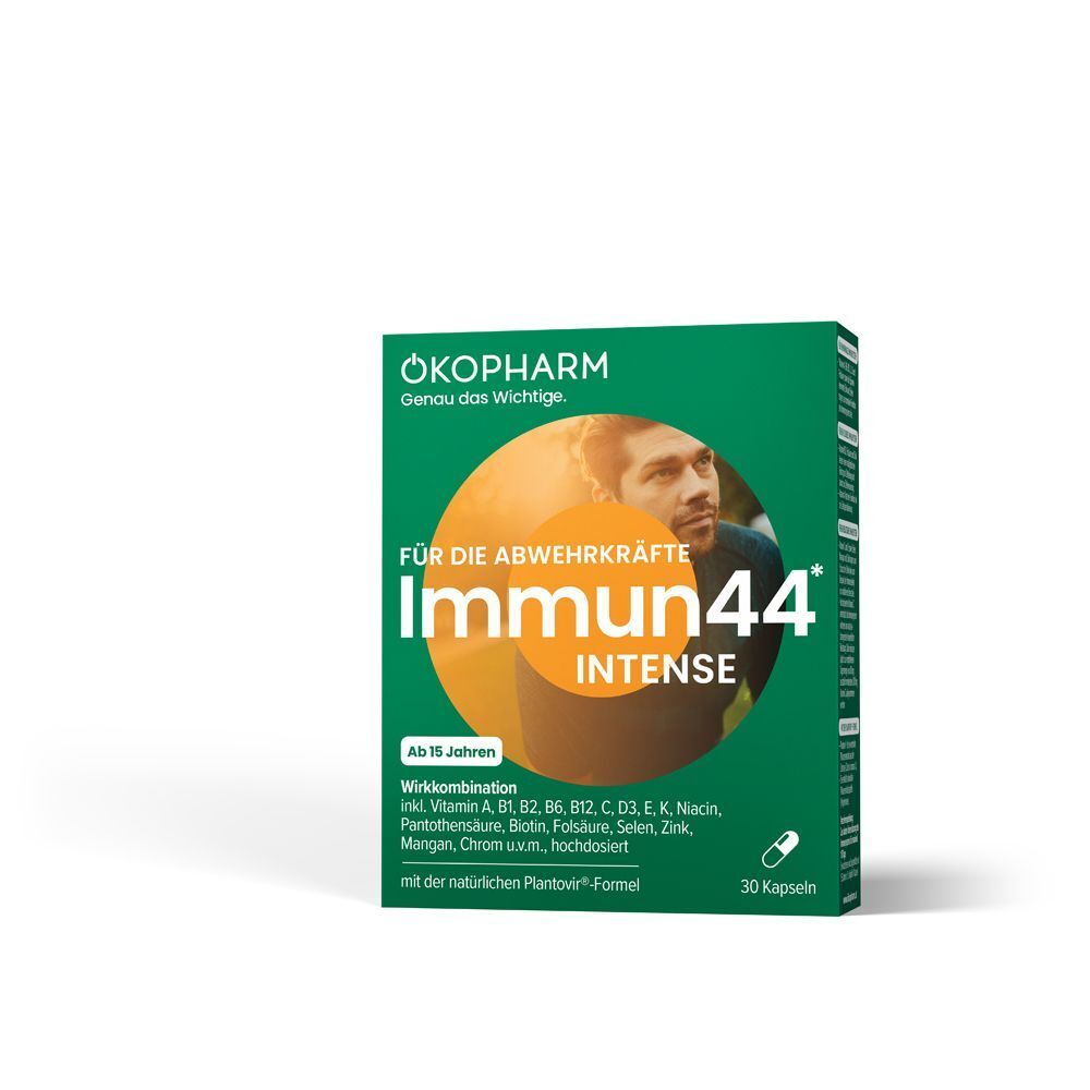 Grüne Schachtel ÖKOPHARM® Immun44® Intense. Aufdruck: Mann, gelber Kreis, 30 Kapseln, ab 15 Jahren.