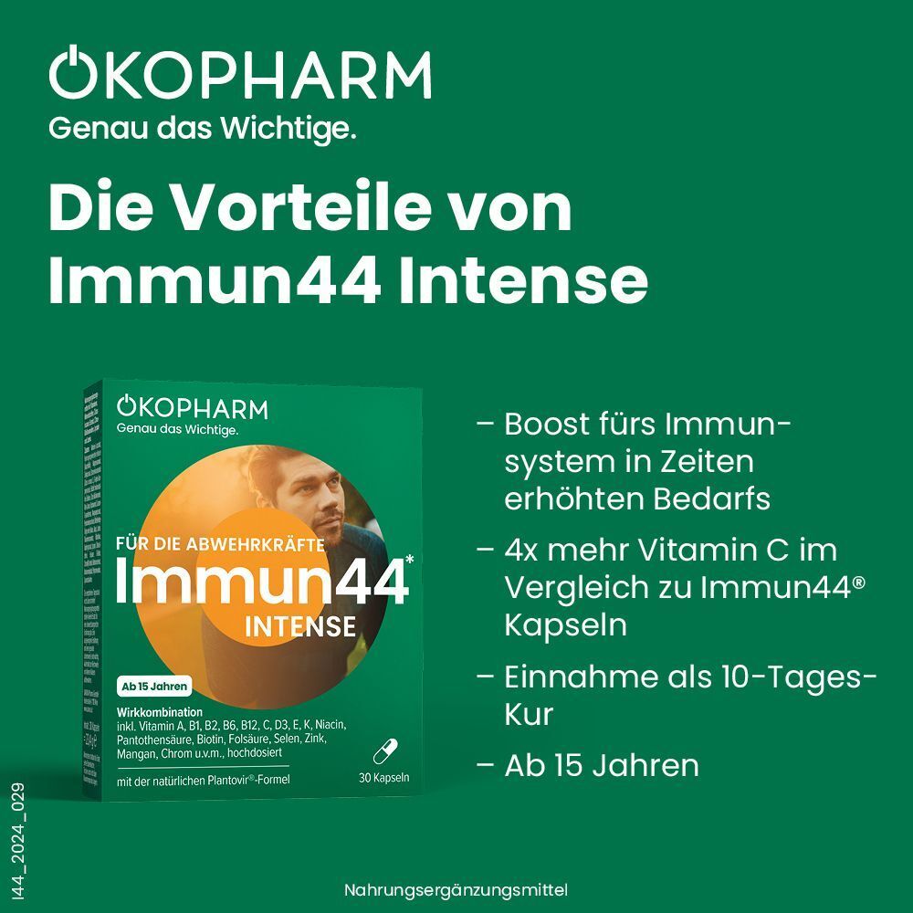 Werbung für Immun44 Intense. Grüne Grafik mit Produktabbildung und Text: Vorteile, Immun-Boost, 4x mehr Vitamin C.