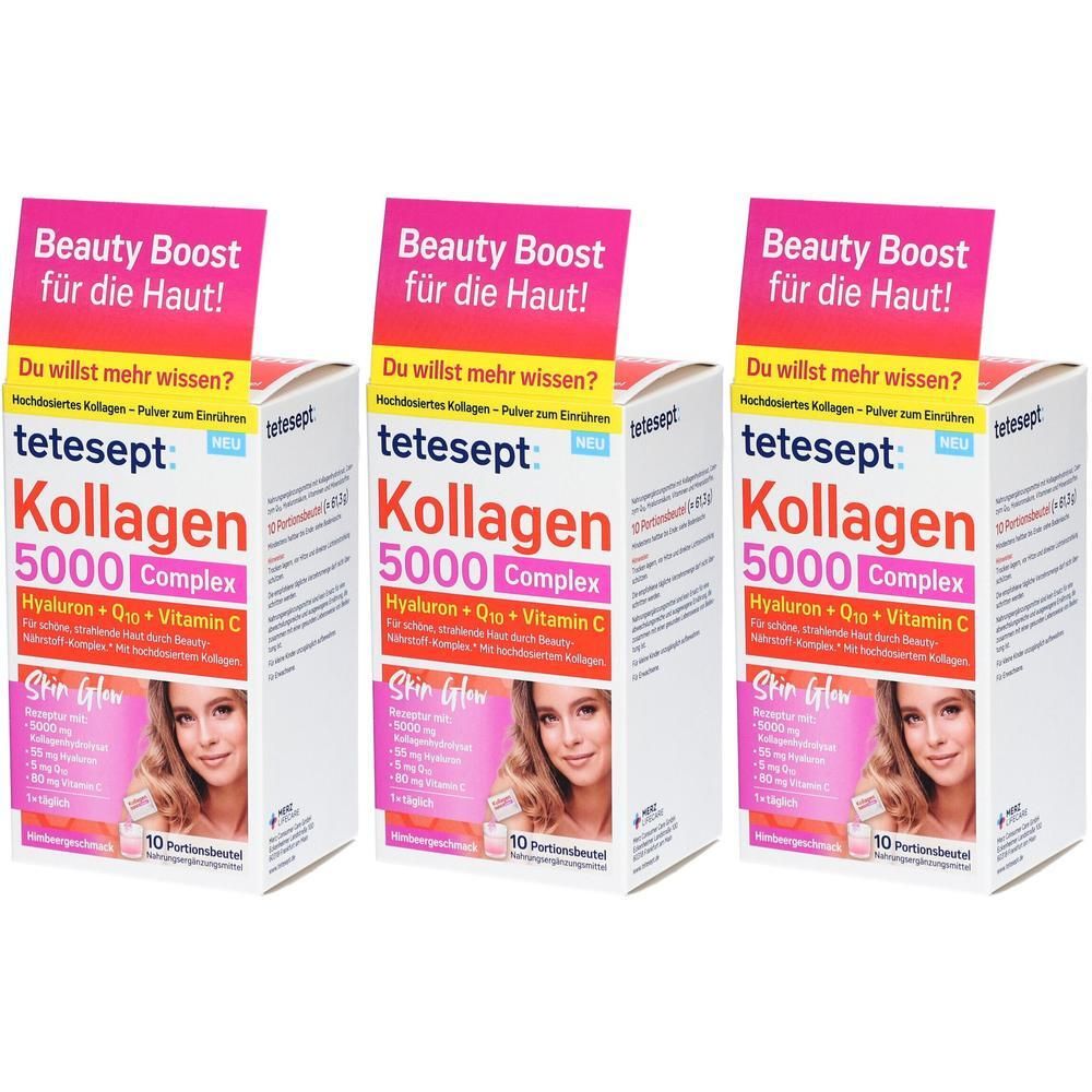 Drei Packungen tetesept Kollagen 5000 Complex. Jede Packung zeigt Produktnamen, Inhaltsstoffe und ein Frauenporträt. Rosa Akzente.