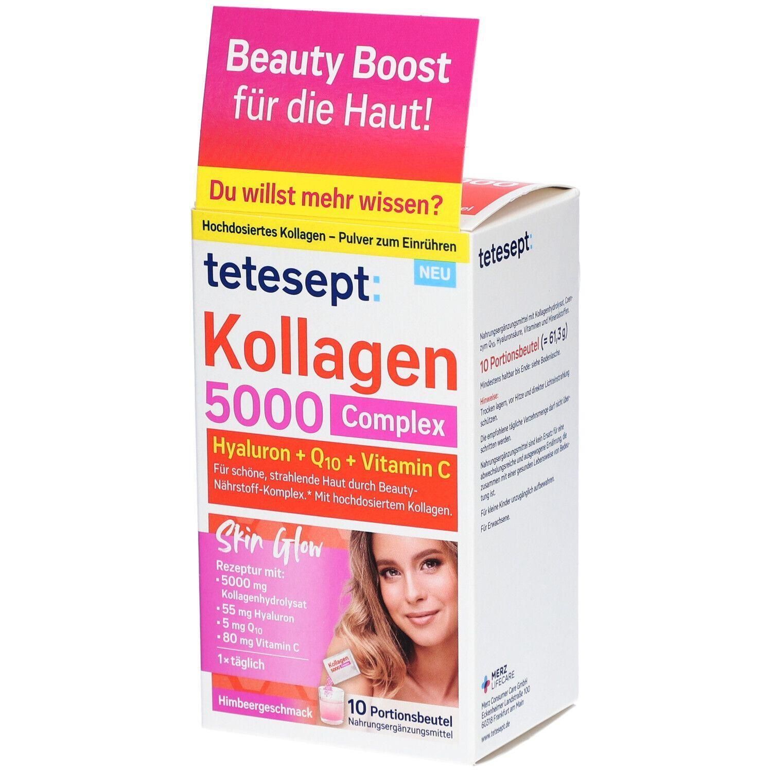 Verpackung von tetesept® Kollagen 5000 Complex. Enthält 10 Portionsbeutel. Aufdrucke: Beauty Boost, Kollagen, Hyaluron, Vitamin C.