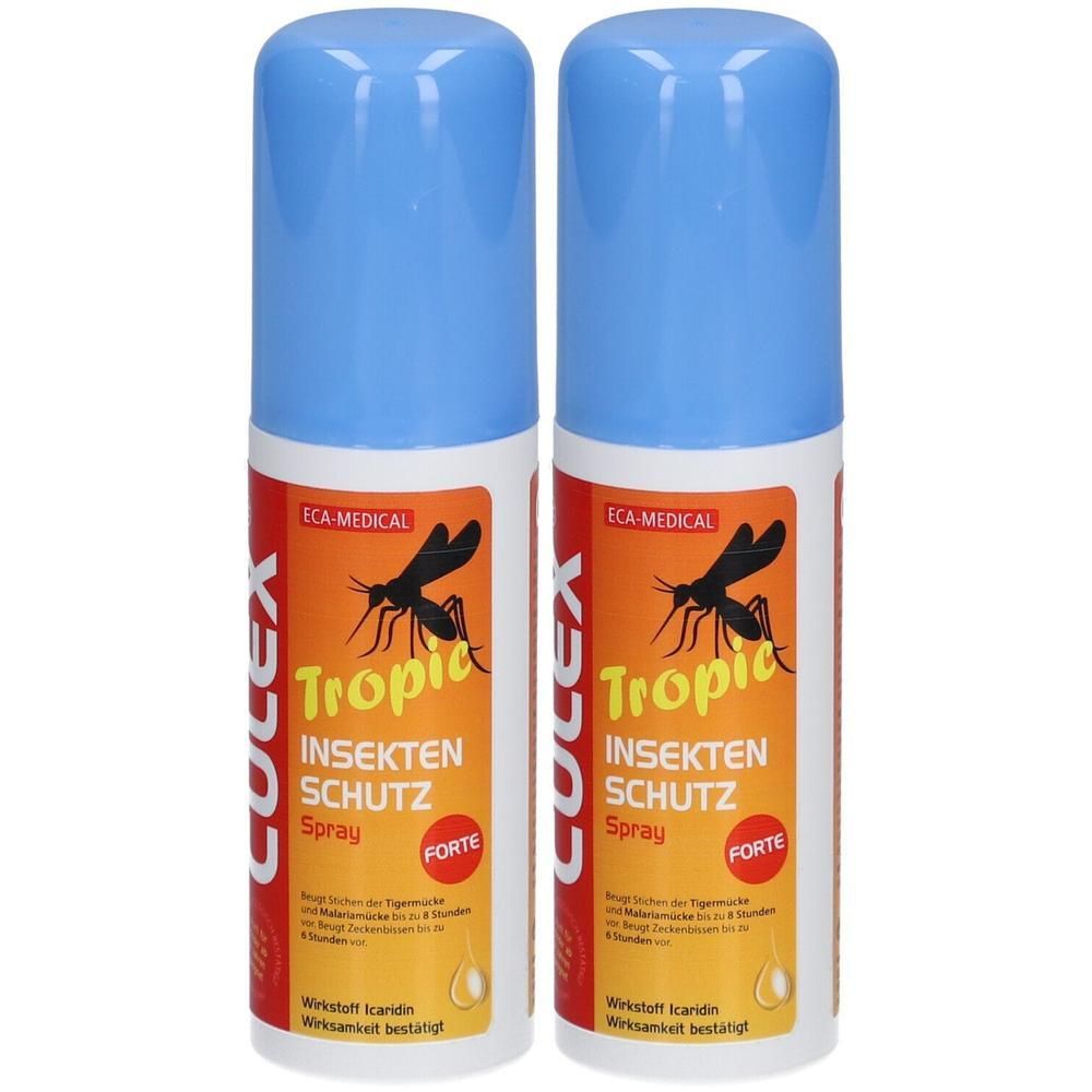 Zwei Sprühflaschen mit blauem Deckel. Aufschrift: CULEX Tropic Insektenschutz Spray FORTE. Logo: Mücke.