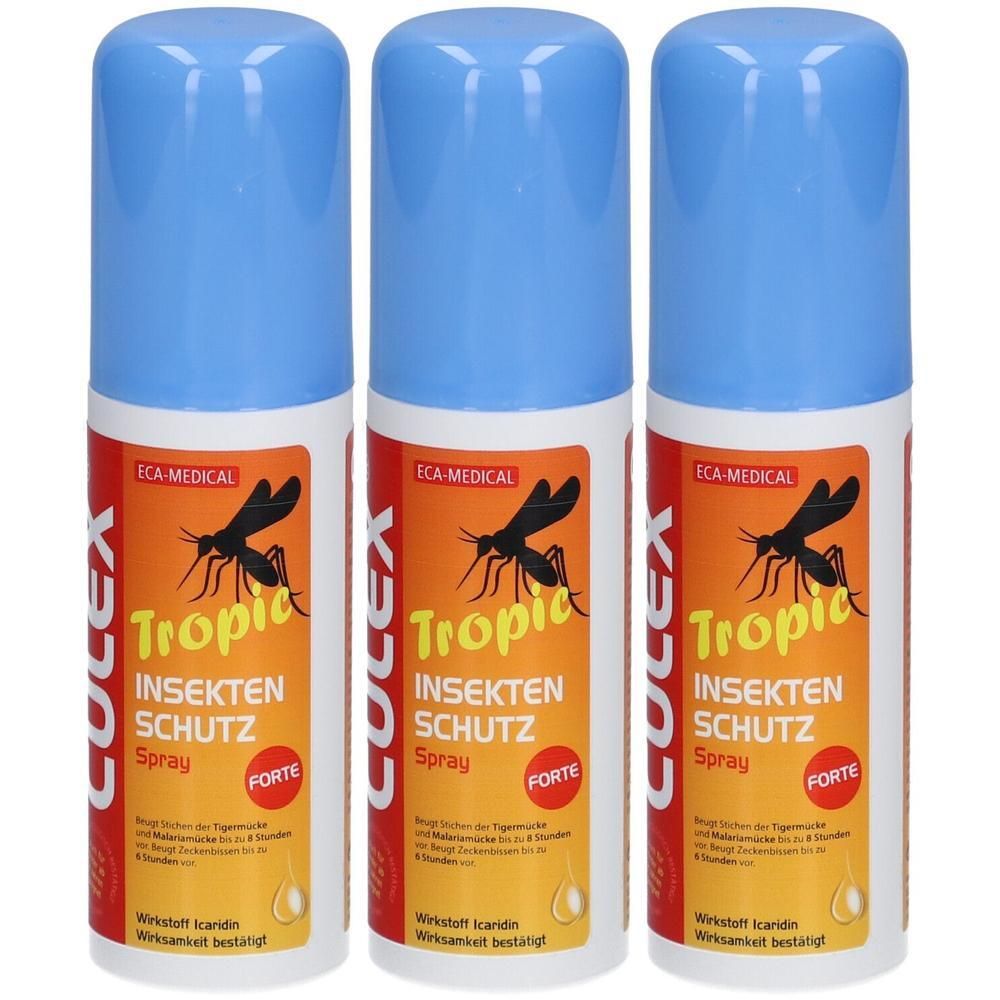 Drei Sprühflaschen mit blauem Deckel. Auf den Etiketten steht "CULEX Tropic Insektenschutz Spray FORTE".