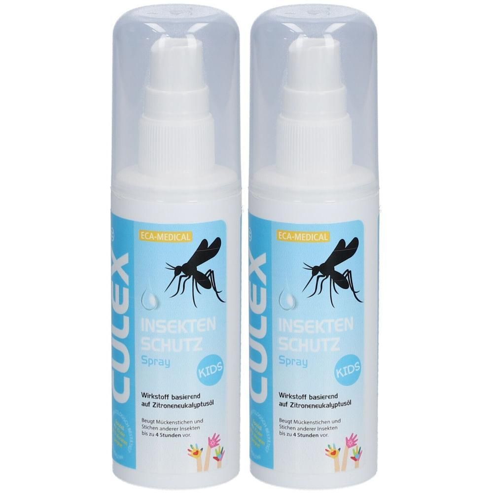 Zwei Flaschen Culex Insektenschutz Spray Kids mit Sprühkopf und transparenter Kappe. Etikett mit Mückenmotiv.