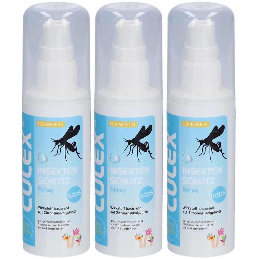 Drei Flaschen Culex Insektenschutz Spray Kids mit Pumpsprühkopf und transparenter Kappe. Blaue Etiketten mit Mückenmotiv.