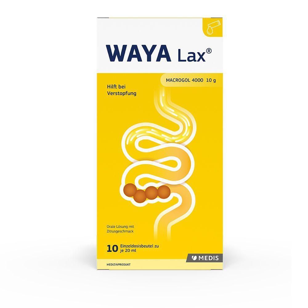 Gelbe WAYA Lax®-Verpackung mit Darm-Illustration. Enthält 10 Einzeldosisbeutel. Text: Hilft bei Verstopfung, Macrogol 4000 10 g.