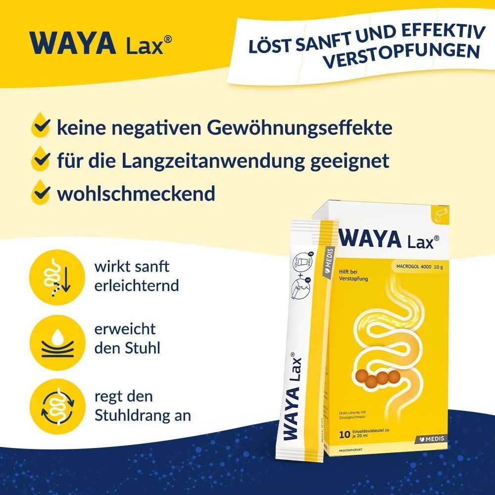 WAYA Lax®-Packung und Einzelbeutel. Text: Löst sanft und effektiv Verstopfungen. Vorteile: keine negativen Gewöhnungseffekte, für Langzeitanwendung geeignet, wohlschmeckend.