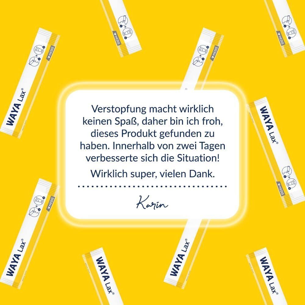 Gelber Hintergrund mit WAYA Lax®-Einzelbeuteln. Zitat: Karin, dankbar für die Verbesserung der Situation innerhalb von zwei Tagen.