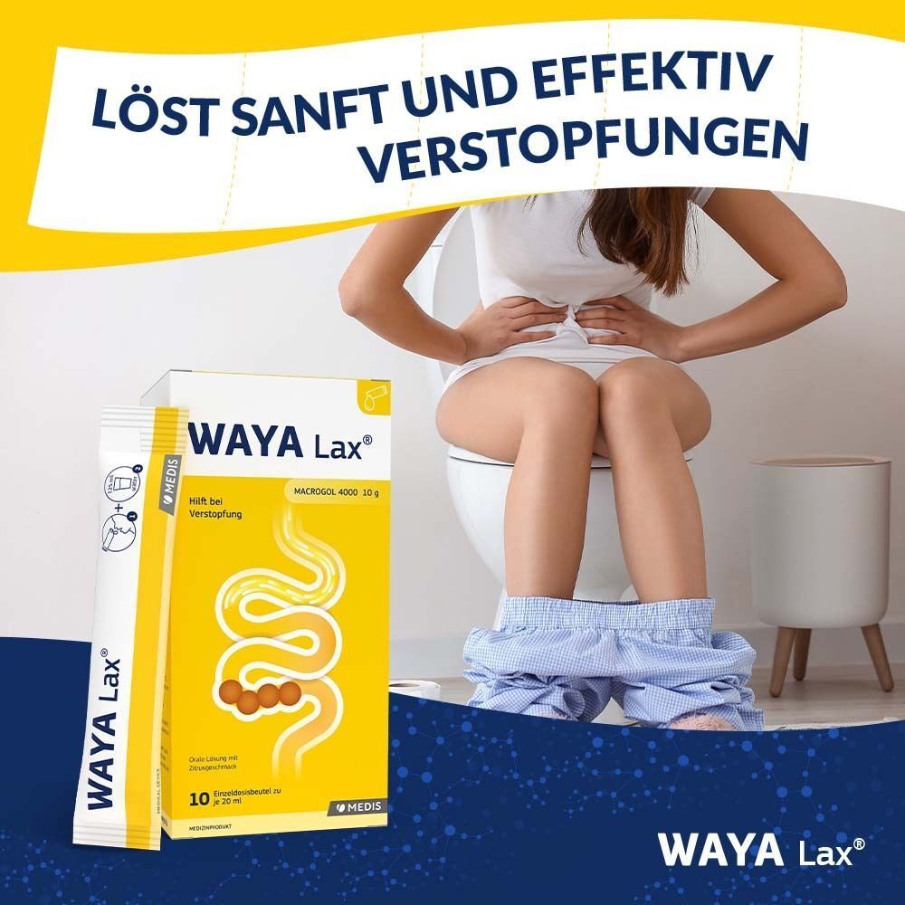 Frau sitzt auf Toilette, hält sich den Bauch. WAYA Lax®-Packung und Einzelbeutel daneben. Text: Löst sanft und effektiv Verstopfungen.