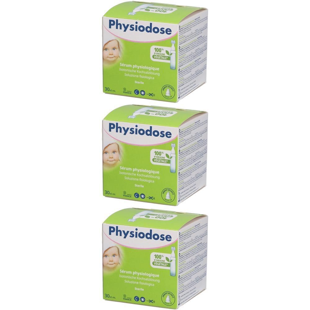 Drei Kartons mit Produktaufdruck. Aufschrift: Physiodose, Babygesicht, 100% natürliche Inhaltsstoffe, Serum physiologique, steril.