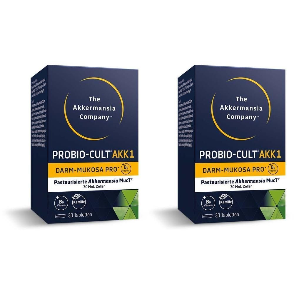 Zwei Schachteln PROBIO-CULT AKK1. Dunkelblaue Verpackung mit gelbem Logo und Produktinformationen. 30 Tabletten.