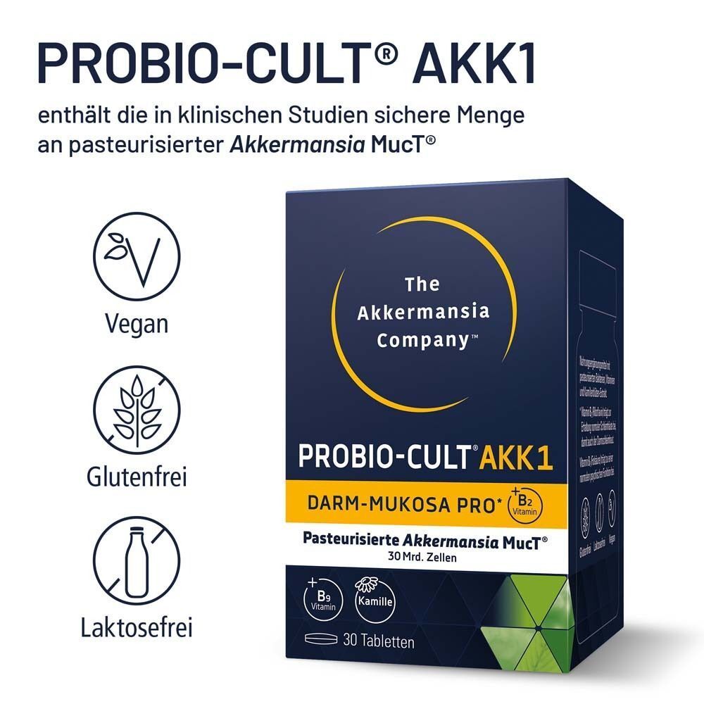 PROBIO-CULT AKK1 Schachtel. Vegan, glutenfrei, laktosefrei. Enthält pasteurisierte Akkermansia MUCt. 30 Tabletten.