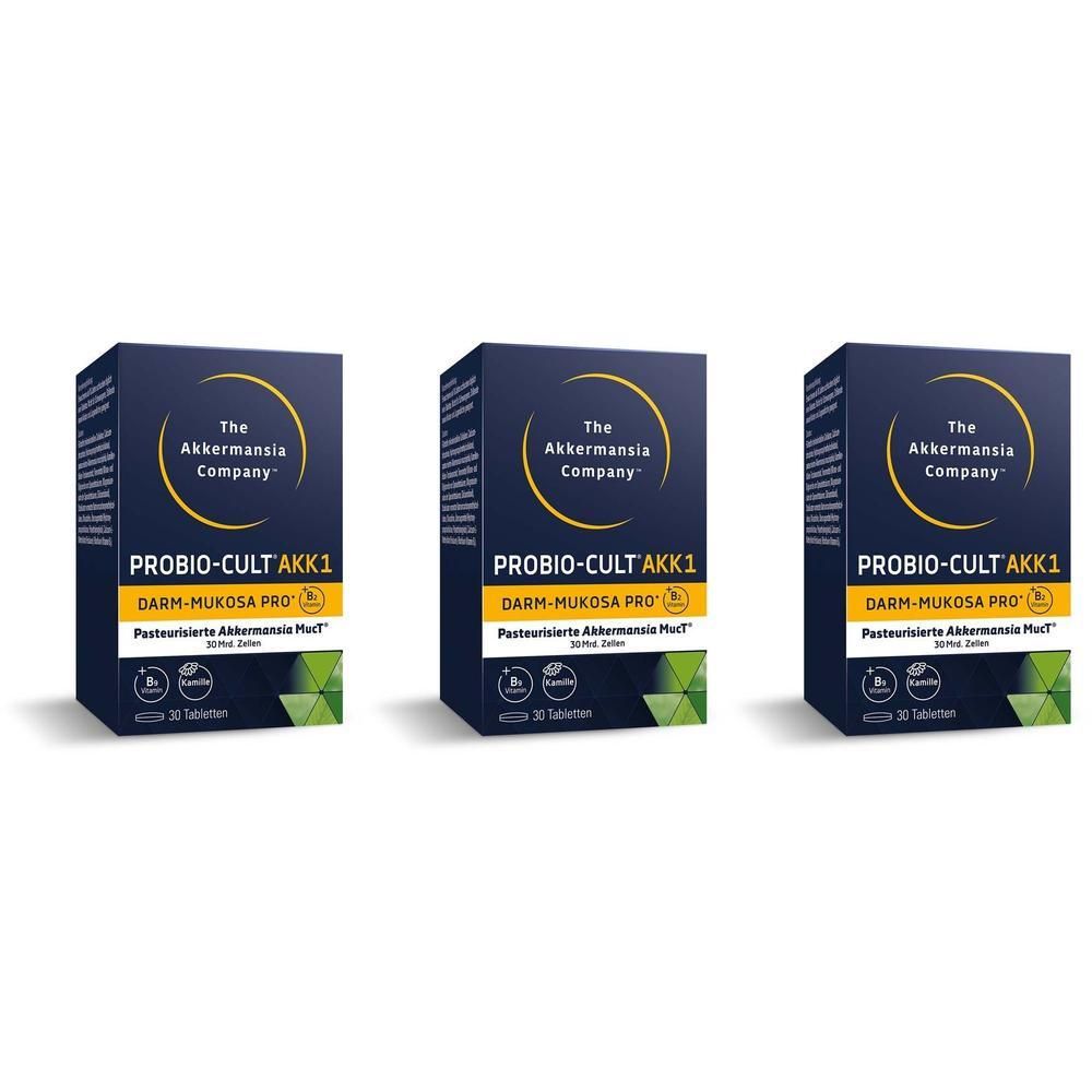 Drei Schachteln PROBIO-CULT AKK1. Aufschrift: The Akkermansia Company, Darm-Mukosa Pro, 30 Tabletten.