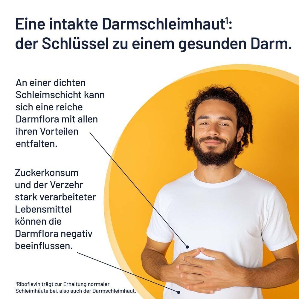 Mann mit Bauch. Text: Zucker- und stark verarbeitete Lebensmittel können Darmflora negativ beeinflussen. Riboflavin für Darmschleimhaut.