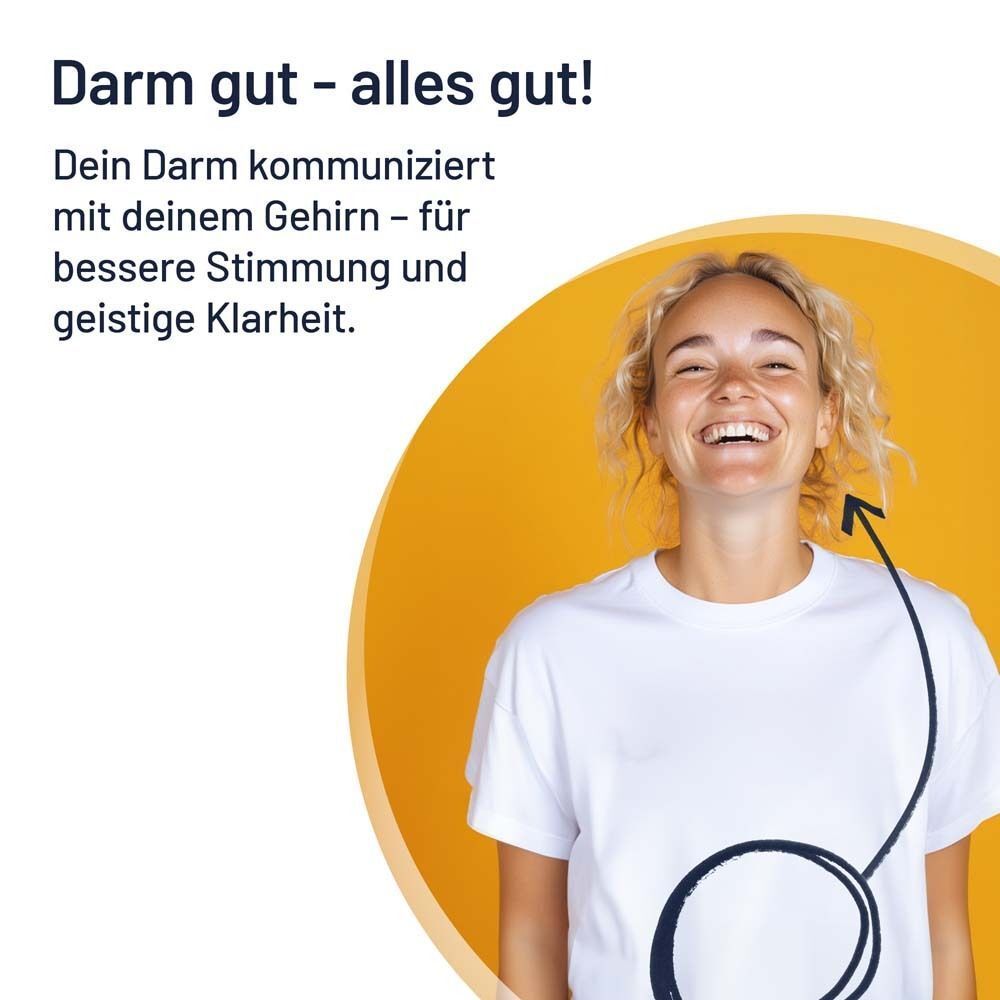 Frau lächelt. Text: Dein Darm kommuniziert mit deinem Gehirn. Für bessere Stimmung und geistige Klarheit.
