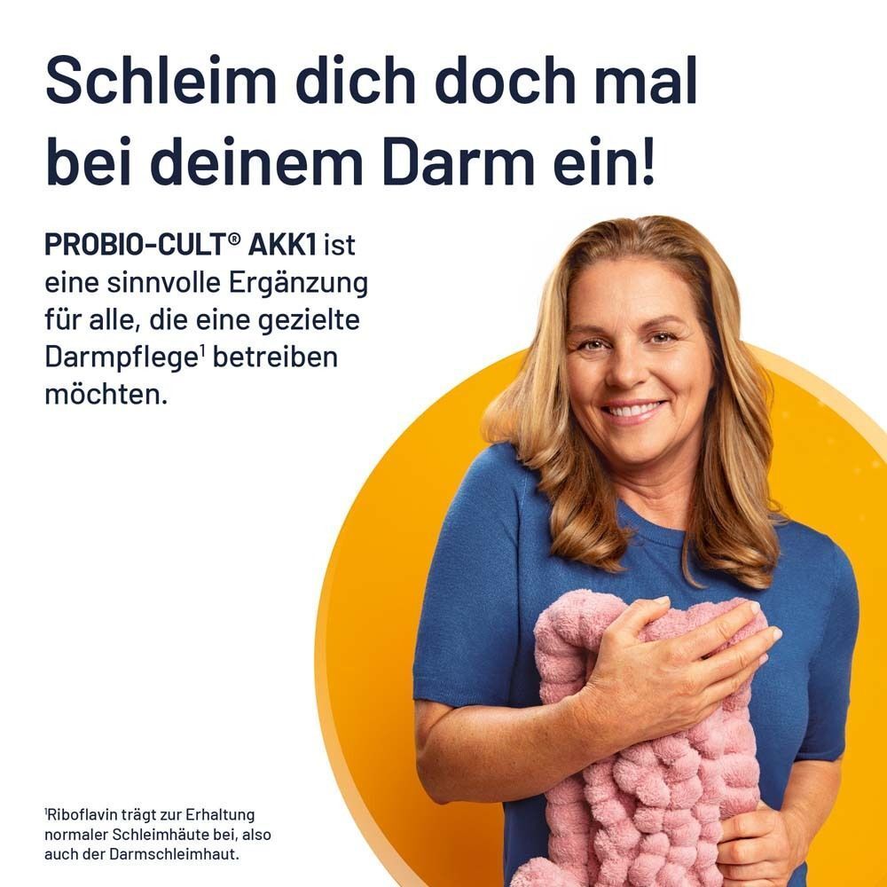 Frau mit Darm-Plüschtier. Text: PROBIO-CULT AKK1 ist eine sinnvolle Ergänzung für alle, die Darmpflege betreiben möchten.