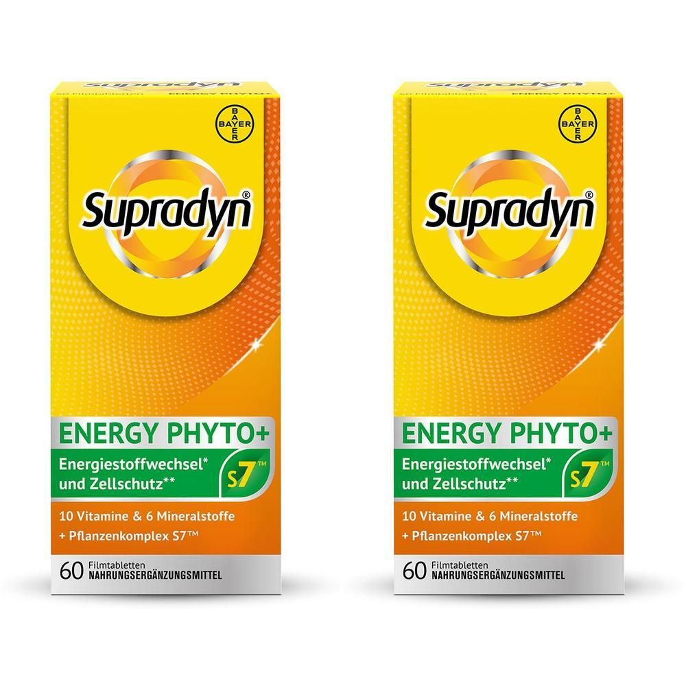 Zwei gelbe Schachteln mit "Supradyn Energy Phyto+". Enthält 10 Vitamine & 6 Mineralstoffe. 60 Filmtabletten.