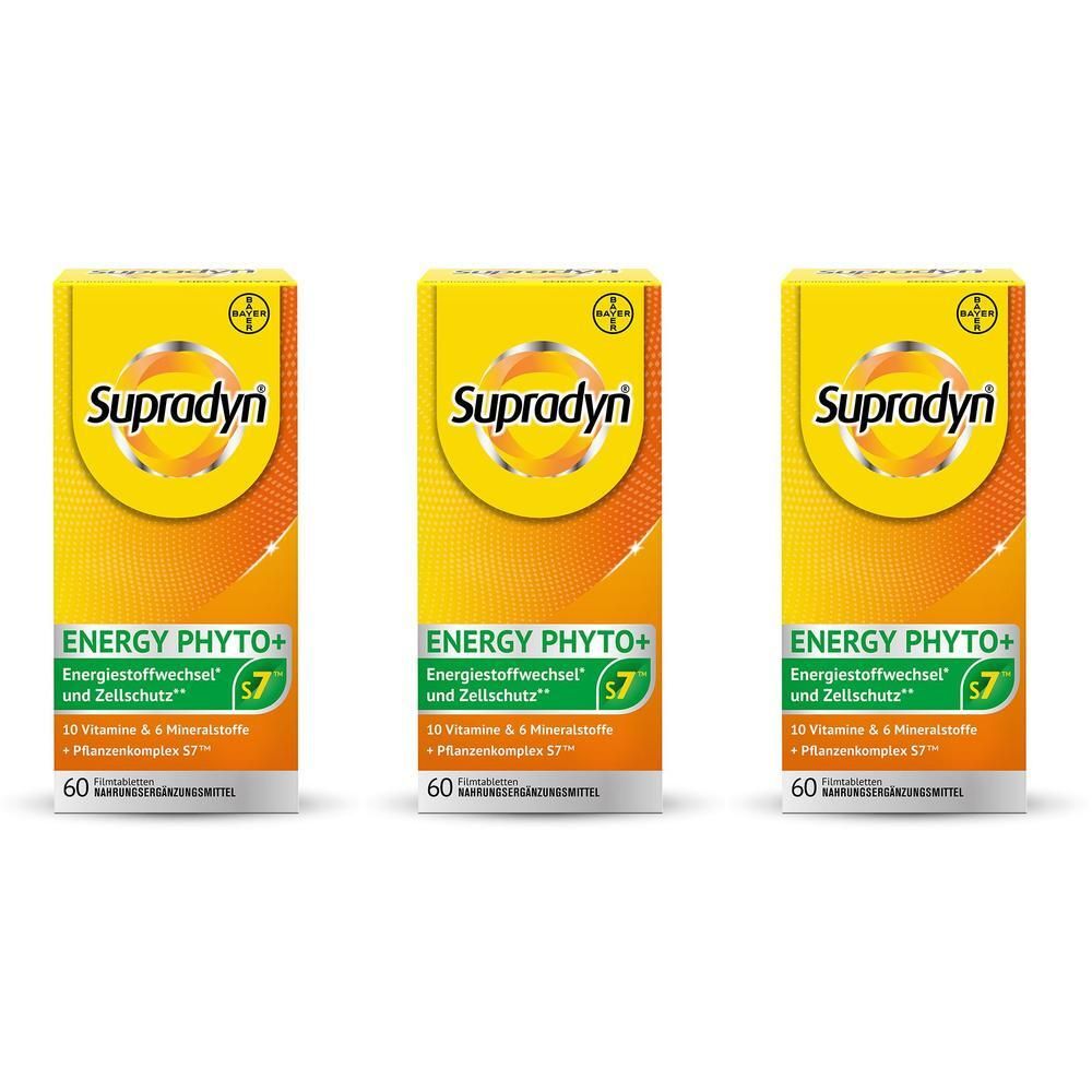 Drei Packungen Supradyn Energy Phyto+ Filmtabletten. Gelbe Verpackung mit Produktinformationen und Logo.
