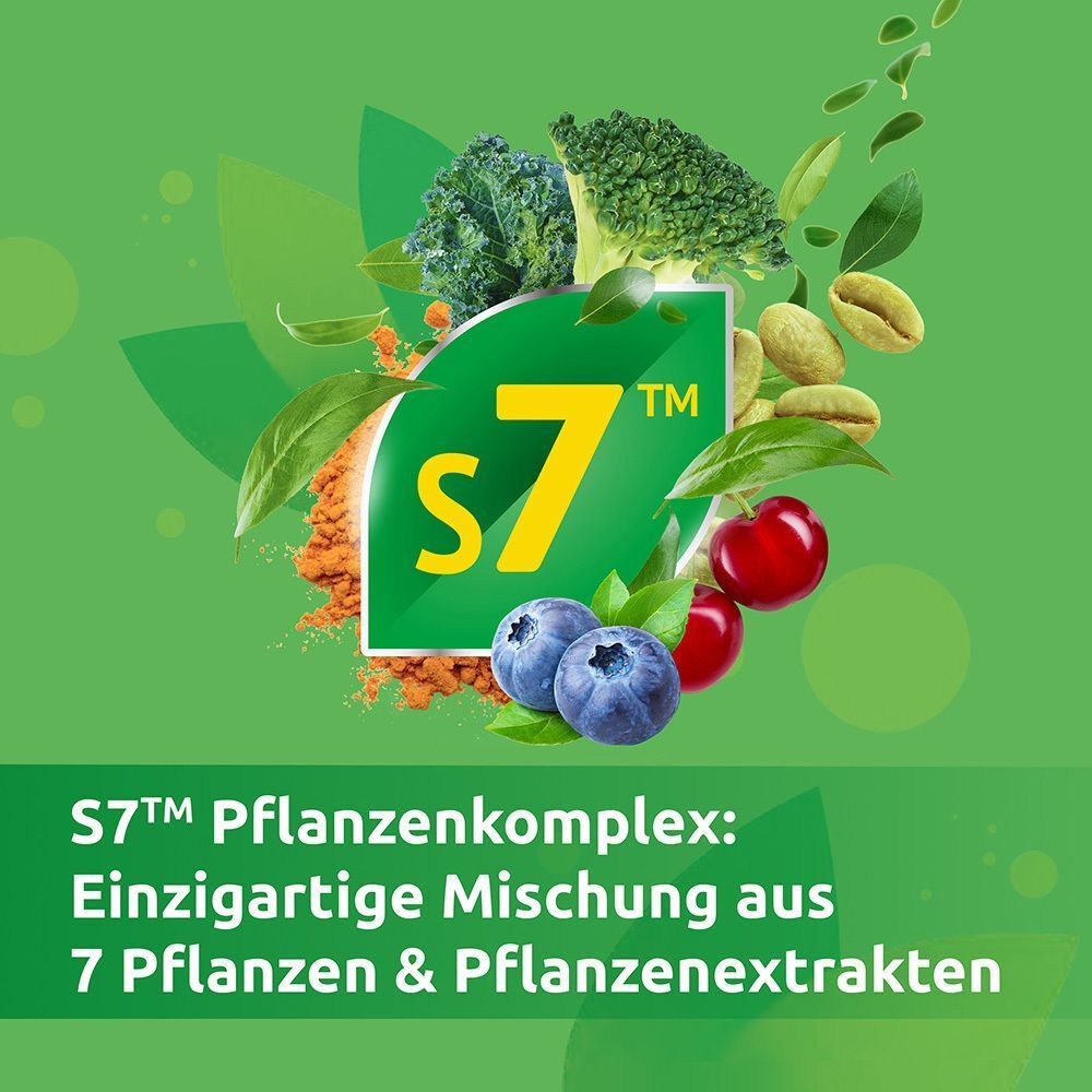 Grafik: S7 Pflanzenkomplex mit 7 Pflanzen & Pflanzenextrakten. Grüne Blätter und Früchte.