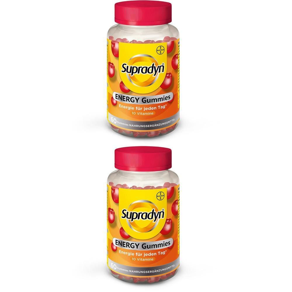 Zwei Flaschen Supradyn ENERGY Gummies. Rote Deckel, transparente Behälter mit roten Gummies. Gelbes Etikett mit Logo und Produktinformationen.