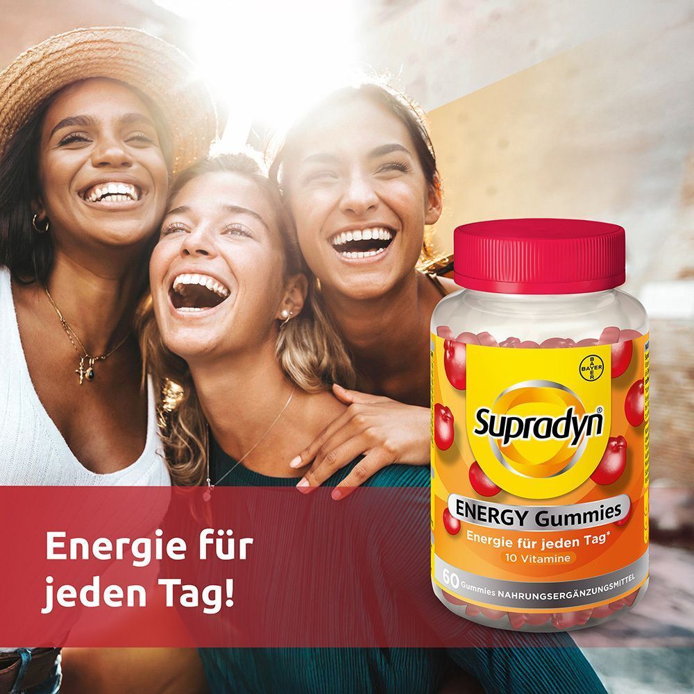Drei lachende Frauen mit einer Flasche Supradyn ENERGY Gummies. Gelbes Etikett mit Logo und Produktinformationen. Text: Energie für jeden Tag!