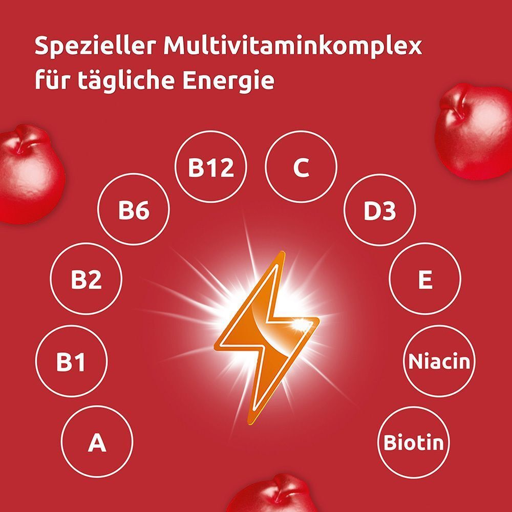 Roter Hintergrund mit Vitamin-Symbolen. Ein Blitz in der Mitte, umgeben von Vitamin-Bezeichnungen: B12, C, D3, E, Niacin, Biotin, A, B1, B2, B6.