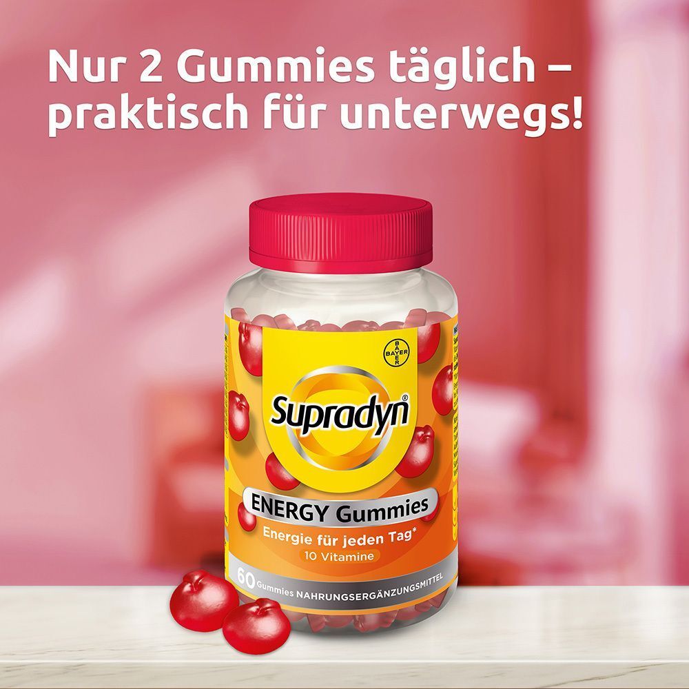 Flasche Supradyn ENERGY Gummies. Roter Deckel, transparente Flasche mit roten Gummies. Gelbes Etikett mit Logo und Produktinformationen. Text: Nur 2 Gummies täglich.