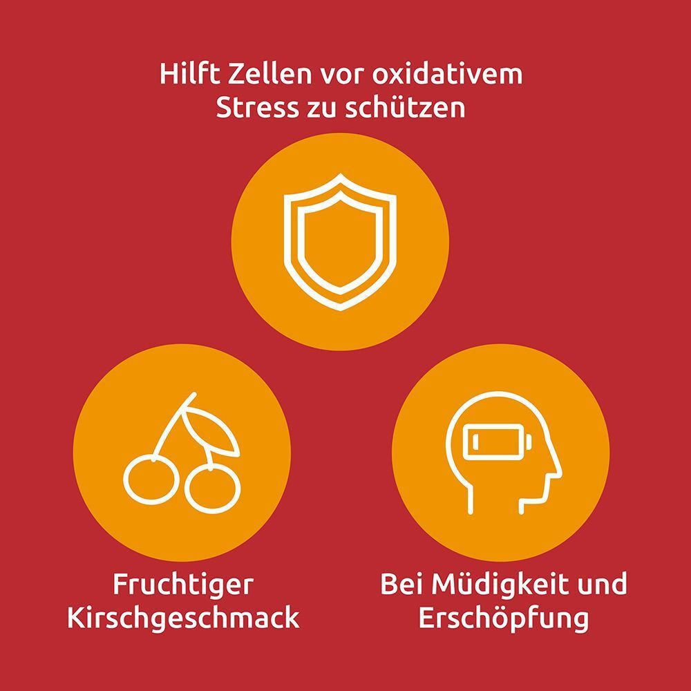 Drei Kreise mit Symbolen: Schild, Kirschen, Kopf mit Batterie. Text: Hilft Zellen vor oxidativem Stress zu schützen, Fruchtiger Kirschgeschmack, Bei Müdigkeit.