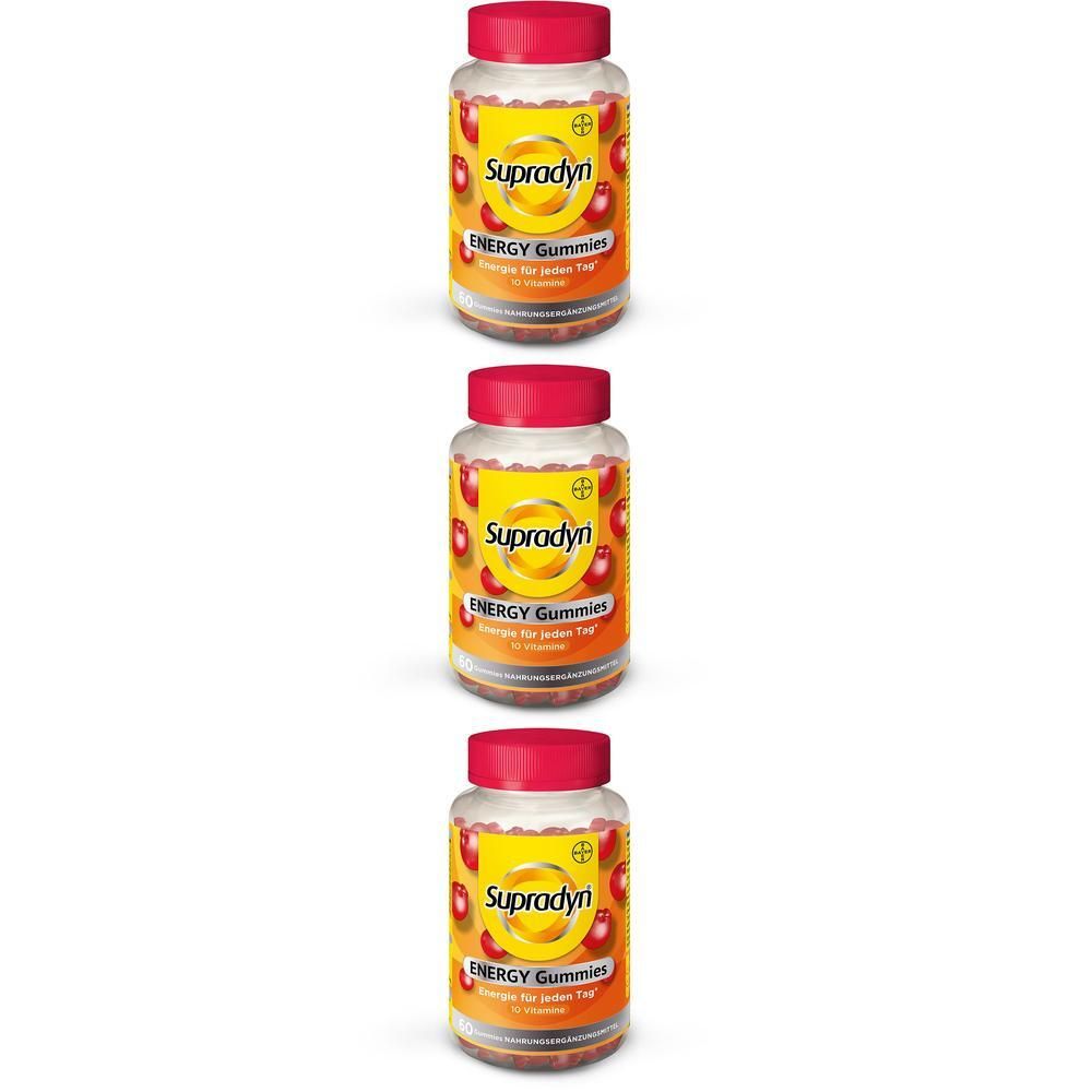 Drei Flaschen Supradyn ENERGY Gummies. Rote Deckel, gelbes Etikett mit Produktinformationen und Gummibärchen-Abbildungen.