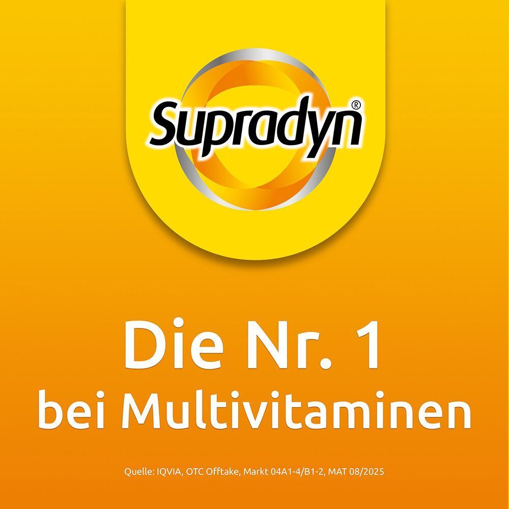 Gelbes Logo mit Supradyn-Schriftzug. Text: Die Nr. 1 bei Multivitaminen. Quelle: IQVIA.