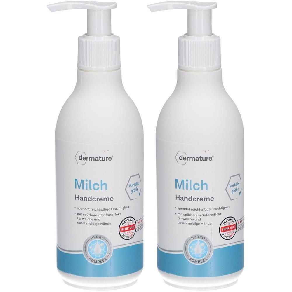 Zwei weiße Flaschen mit Pumpverschluss. Aufschrift: dermature Milch Handcreme. Siegel: Sehr Gut. Blaue und weiße Elemente.
