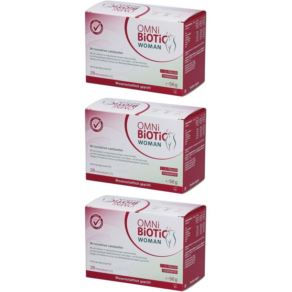 Drei rechteckige Kartons mit der Aufschrift OMNi-BiOTiC WOMAN. Roter und weißer Hintergrund. Aufdruck: 28 Beutel, 56g.