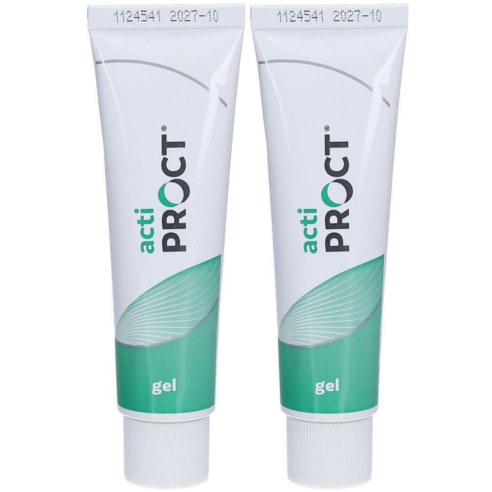 Zwei Tuben ACTIPROCT GEL. Weiße Tuben mit grüner Schrift und Design. Aufschrift: acti PROCT gel.