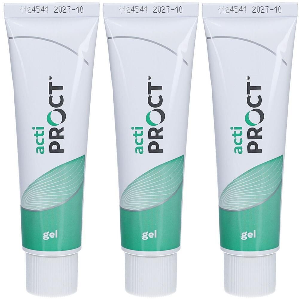 Drei Tuben Gel. Auf jeder Tube steht "acti PROCT" und "gel". Die Tuben sind weiß mit grünen Elementen.