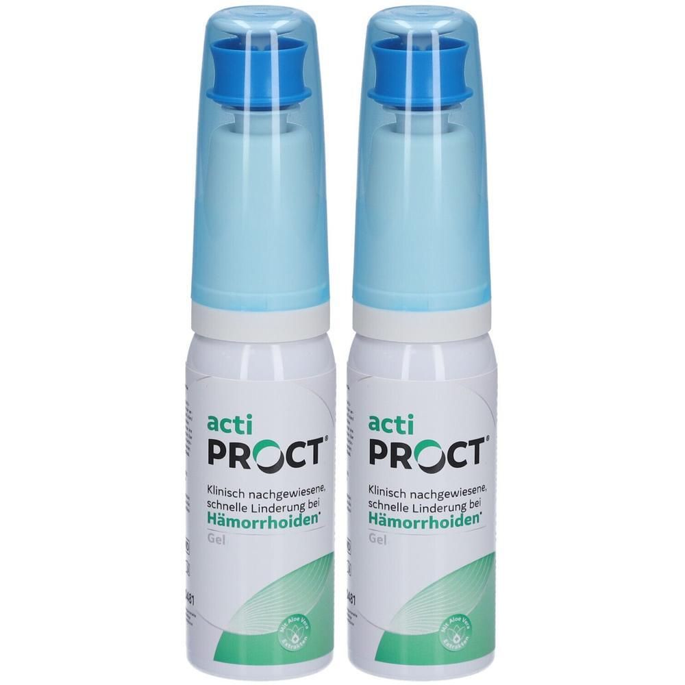 Zwei Sprühflaschen mit blauem Deckel. Aufschrift: acti PROCT, schnelle Linderung bei Hämorrhoiden. Gel.